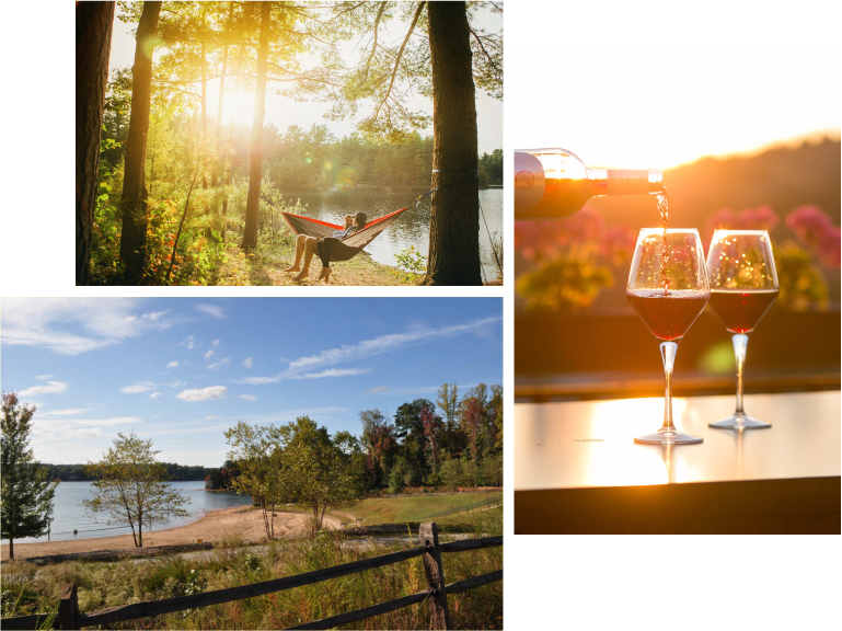 Collage of photos including a couple relaxing in hammock, wine glasses, and trees by the river shore.